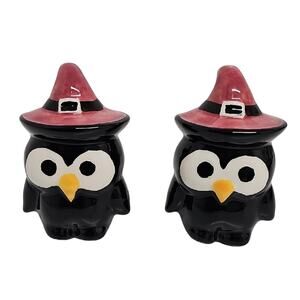 Halloween Black Owls with Pink Witch Hats Ceramic Salt n Pepper Shakers Collect